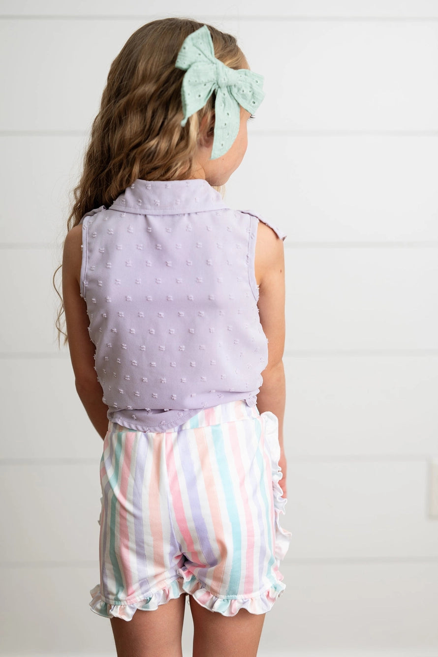 Kids Lavender Ruffle Top & Pastel Stripe Spring Short Set