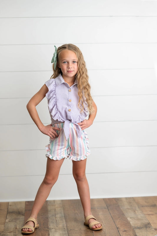 Kids Lavender Ruffle Top & Pastel Stripe Spring Short Set