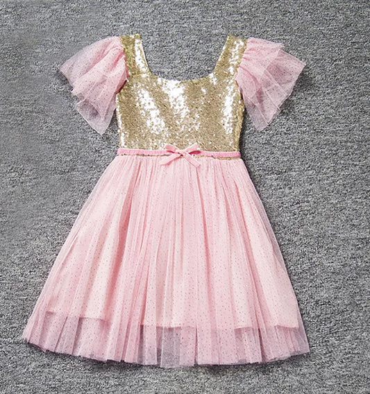 Gold Sequin Pink Girl Dress