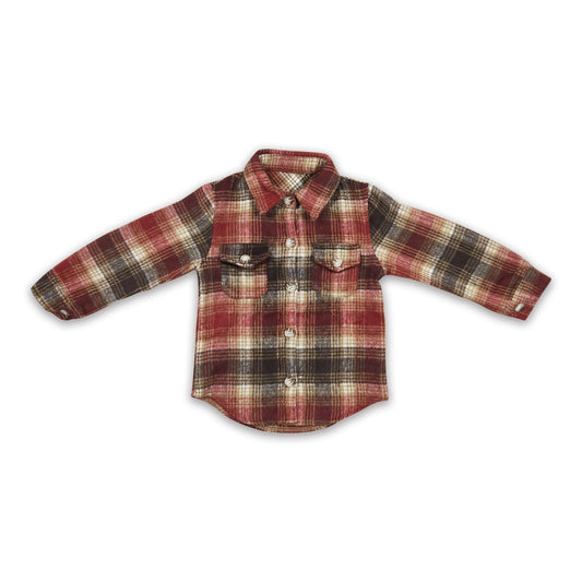 Red Brown Plaid Cotton Pocket Boy Flannel Button Up Shirt