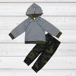 Stripe and Camo Hooded Outfit (12 Months - 6 Years) - Noelle Childrens Boutique