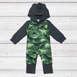 Dinosaurs in Camouflage Hooded Horned Romper - Noelle Childrens Boutique