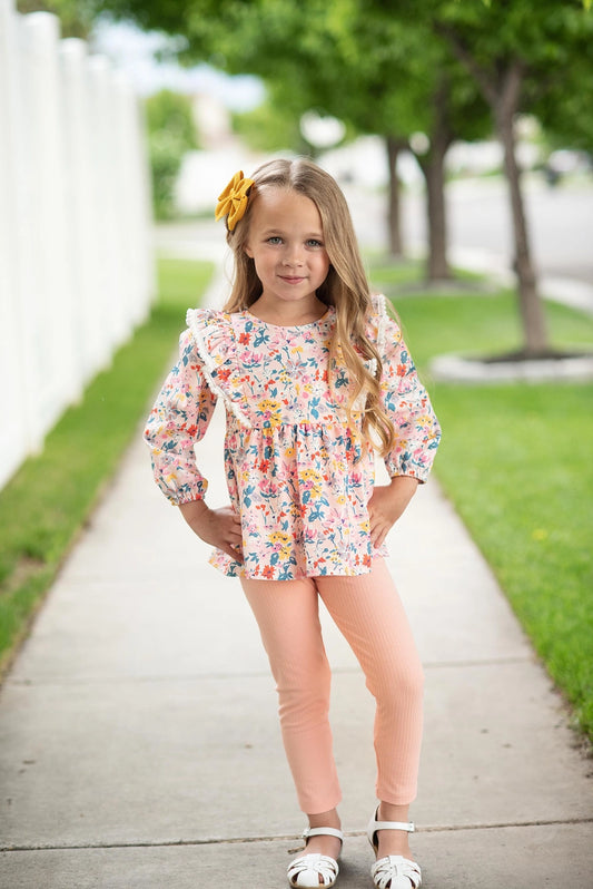 Kids Peachy Spring Floral Ruffle Two Piece Button Back Set