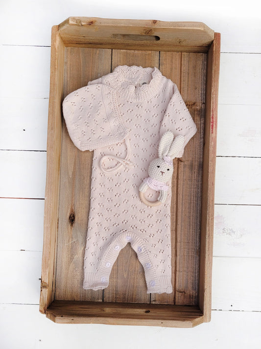 Grace Knitted Romper with Hat 2pc Set Apricot Pink