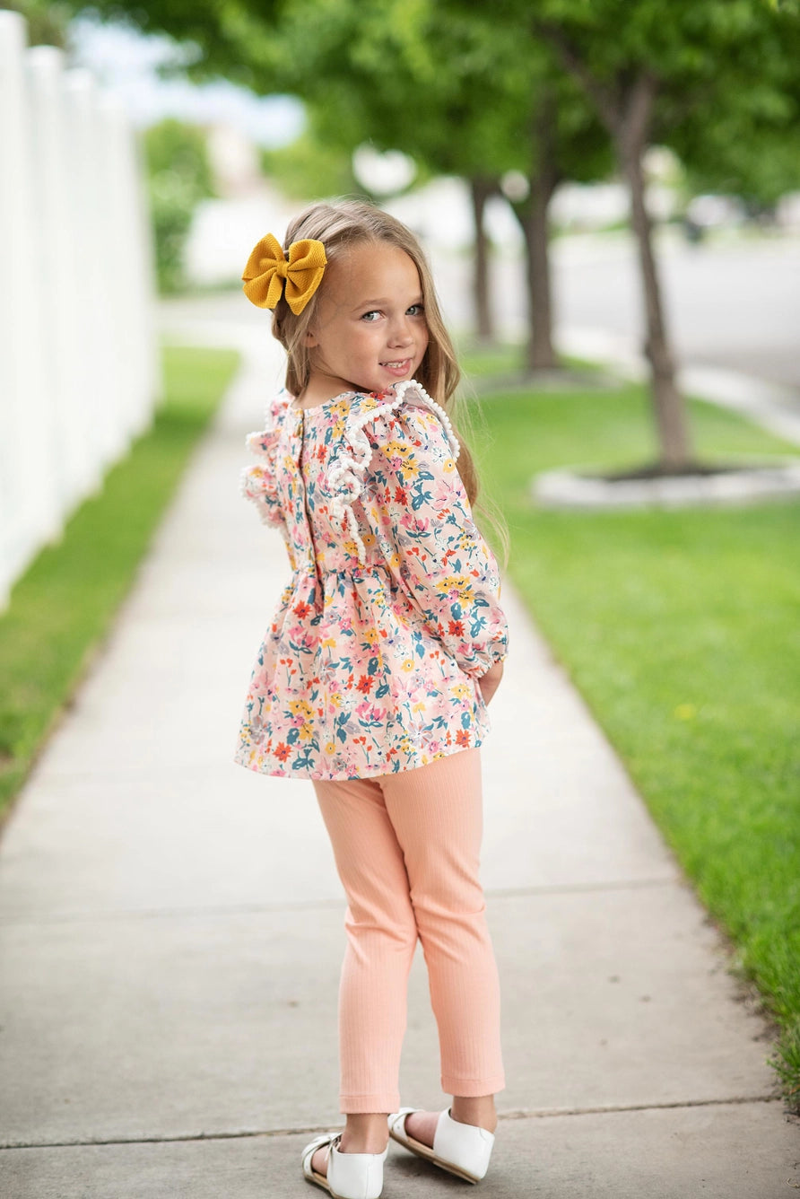 Kids Peachy Spring Floral Ruffle Two Piece Button Back Set