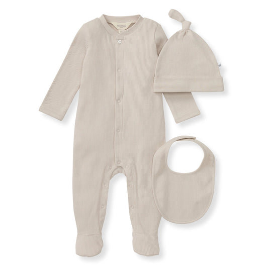 Organic Cotton Jumpsuit, Bib & Hat 3 Piece Set - Limestone
