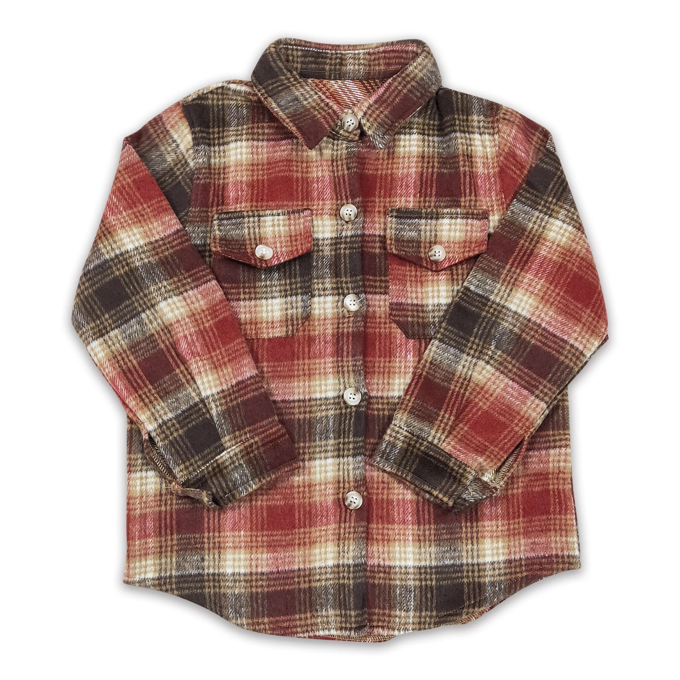 Red Brown Plaid Cotton Pocket Boy Flannel Button Up Shirt