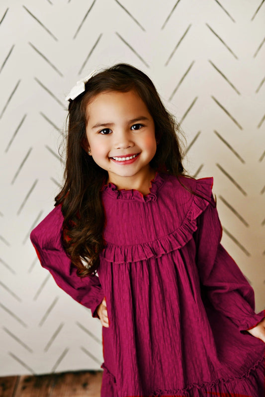 Kids Plum Colored Annie Ruffle Long Sleeve Fall Winter Dress