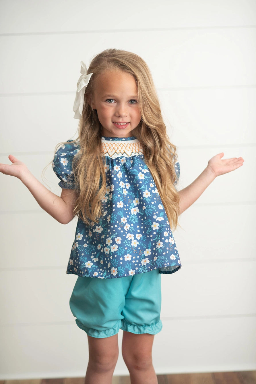 Kids Navy Teal Floral Smocked Teal Spring Easter Bloomer Set