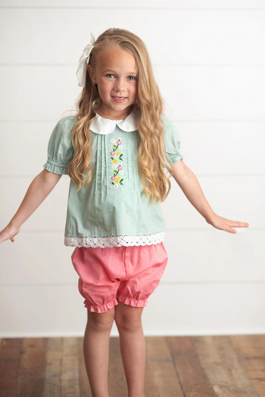 Kids Teal & Pink Lace Collar Embroidered Spring Bloomer Set