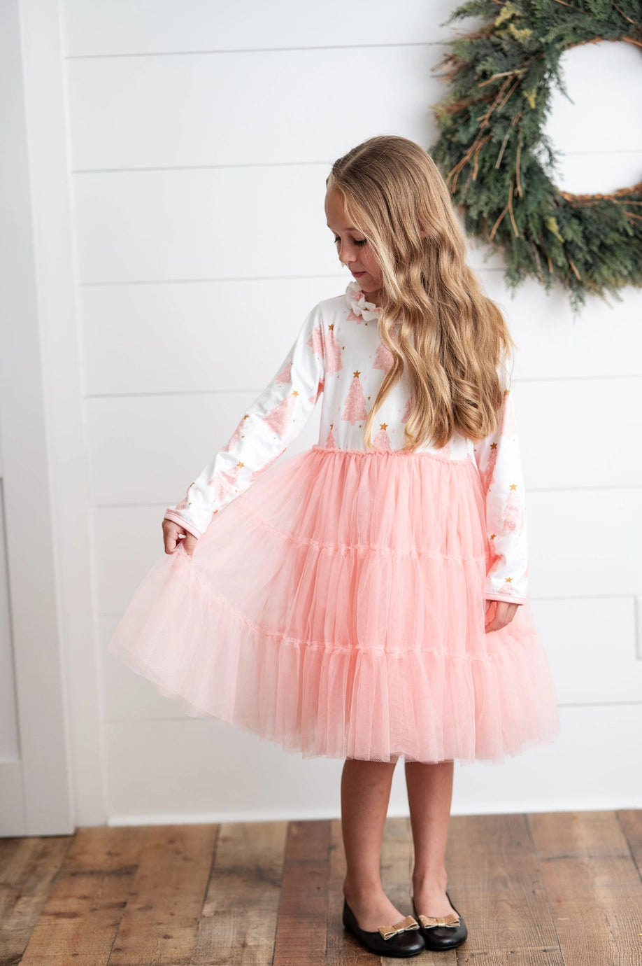 Kids Pink Christmas Tree Tulle Ruffle Holiday Dress