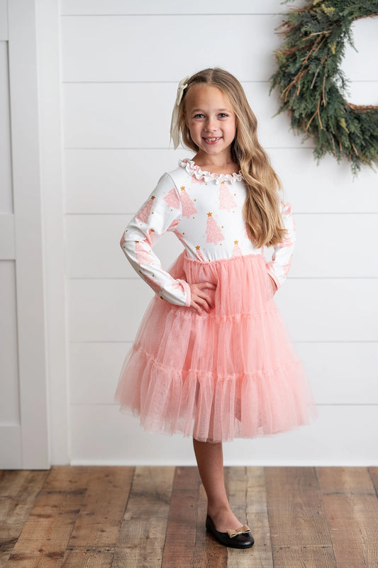 Kids Pink Christmas Tree Tulle Ruffle Holiday Dress