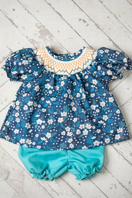 Kids Navy Teal Floral Smocked Teal Spring Easter Bloomer Set