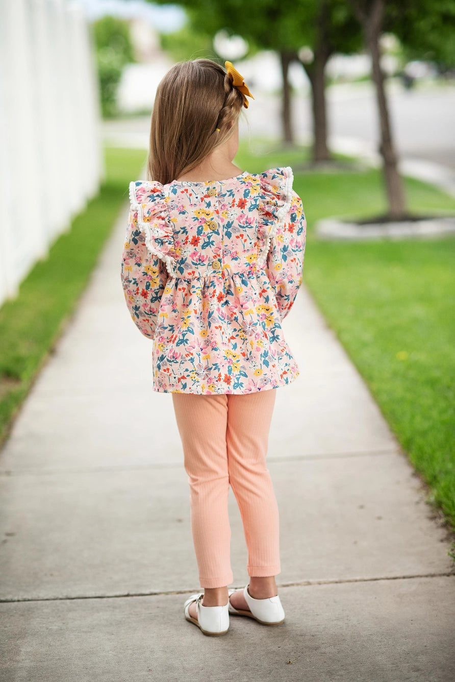 Kids Peachy Spring Floral Ruffle Two Piece Button Back Set