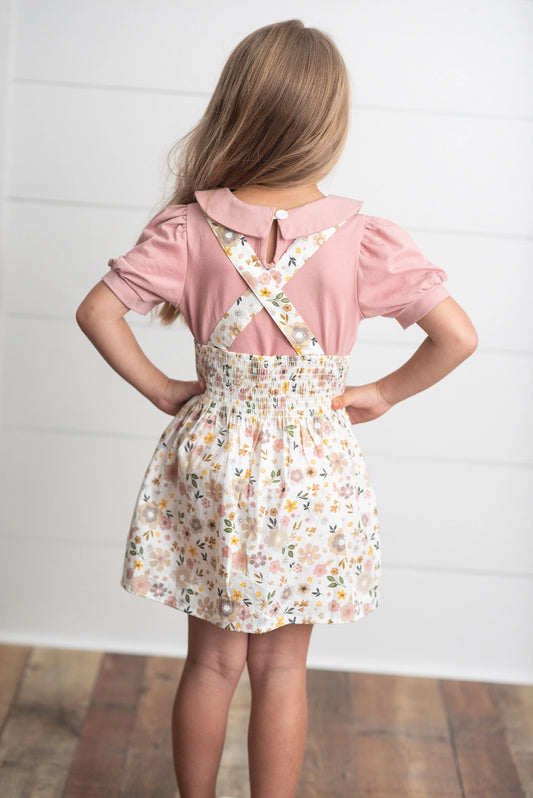 Kids Dusty Pink Floral Jumper Skirt Spring Easter Set