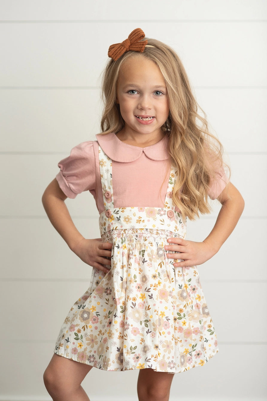 Kids Dusty Pink Floral Jumper Skirt Spring Easter Set