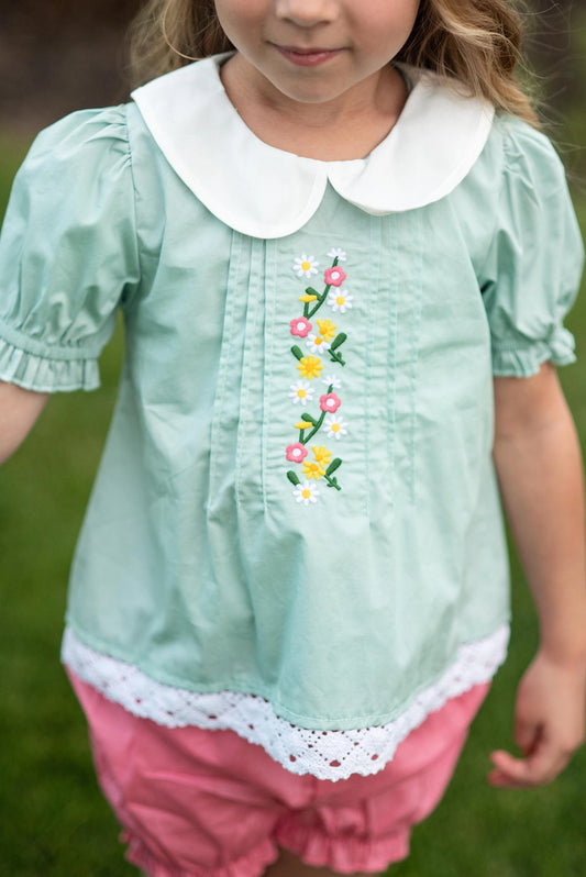 Kids Teal & Pink Lace Collar Embroidered Spring Bloomer Set