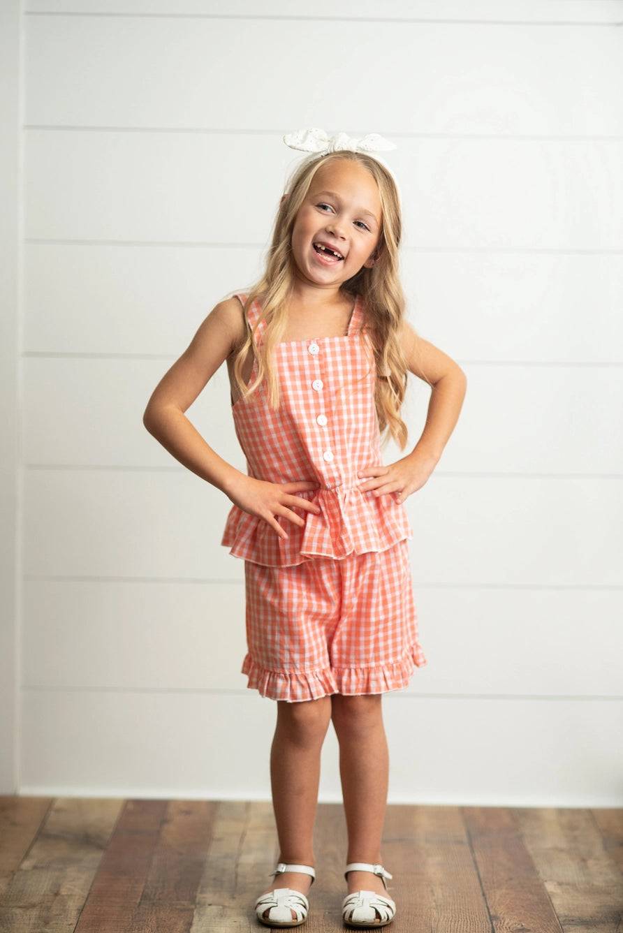 Kids Rust Check Gingham Ruffle Button Spring Short Set