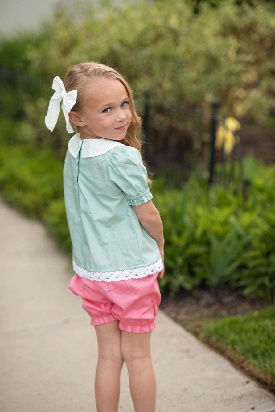 Kids Teal & Pink Lace Collar Embroidered Spring Bloomer Set