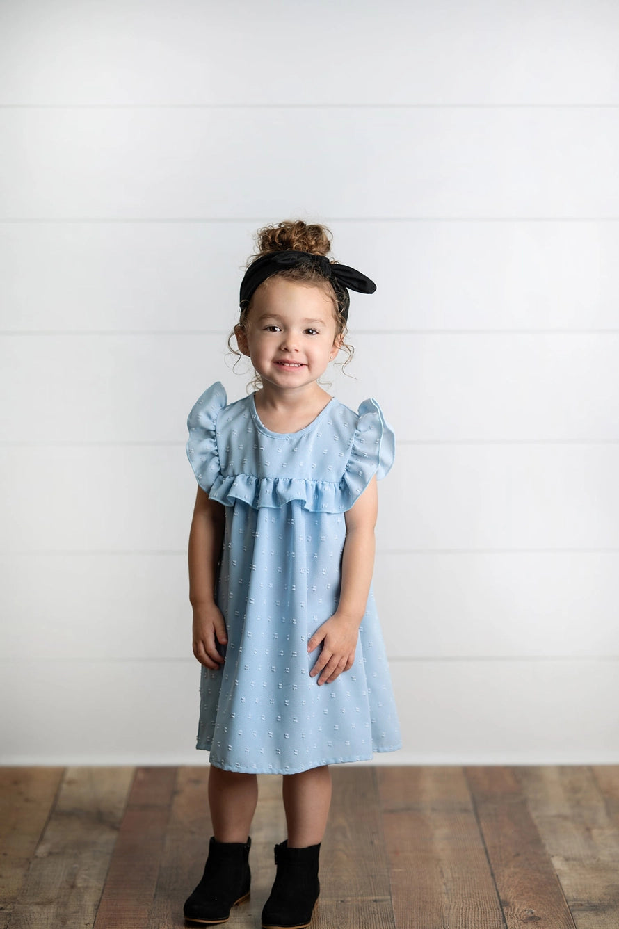 Girls Dusty Blue Ruffle Bib Swiss Dot Spring Summer Dress Girls Dusty Blue Ruffle Bib Swiss Dot Spring Summer Dress