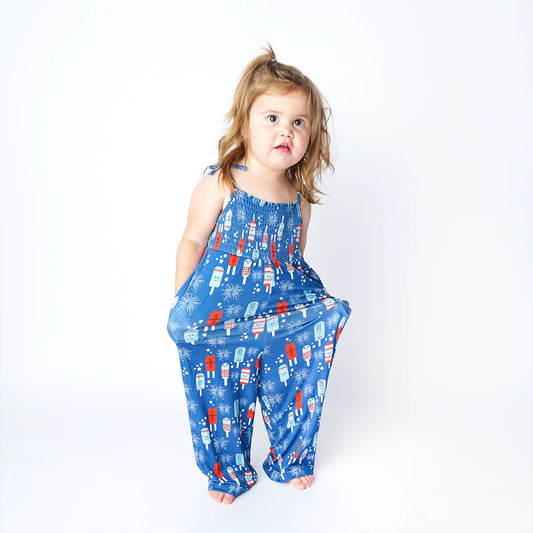 4th of July Party Pops Bamboo Girl Spaghetti Romper Jumpsuit