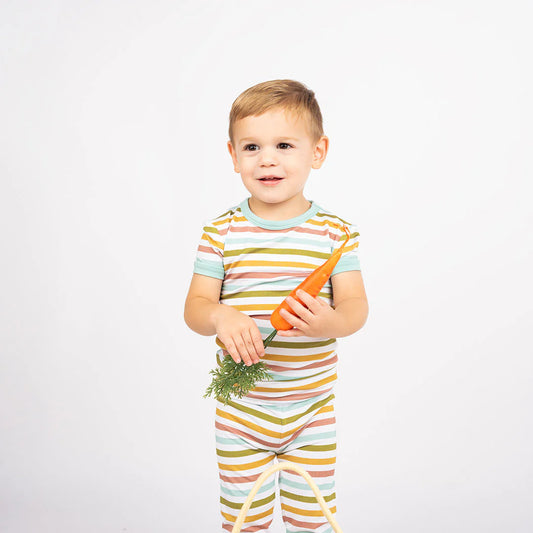 Spring Stripes Two-Piece Bamboo Short Sleeve Kids Pajama Pants Set