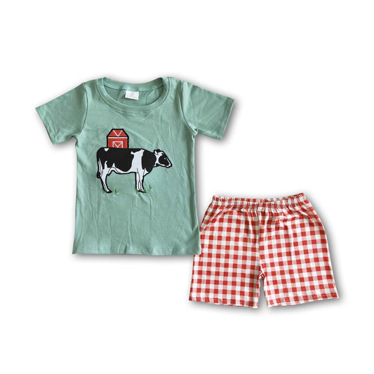 Cow embroidery cotton shirt plaid shorts boy summer clothing