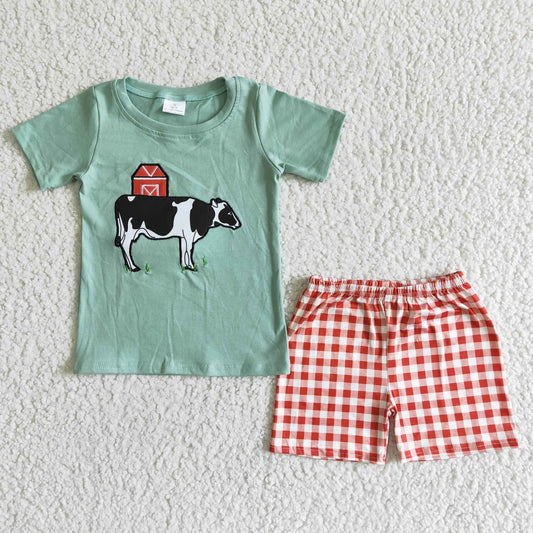 Cow embroidery cotton shirt plaid shorts boy summer clothing