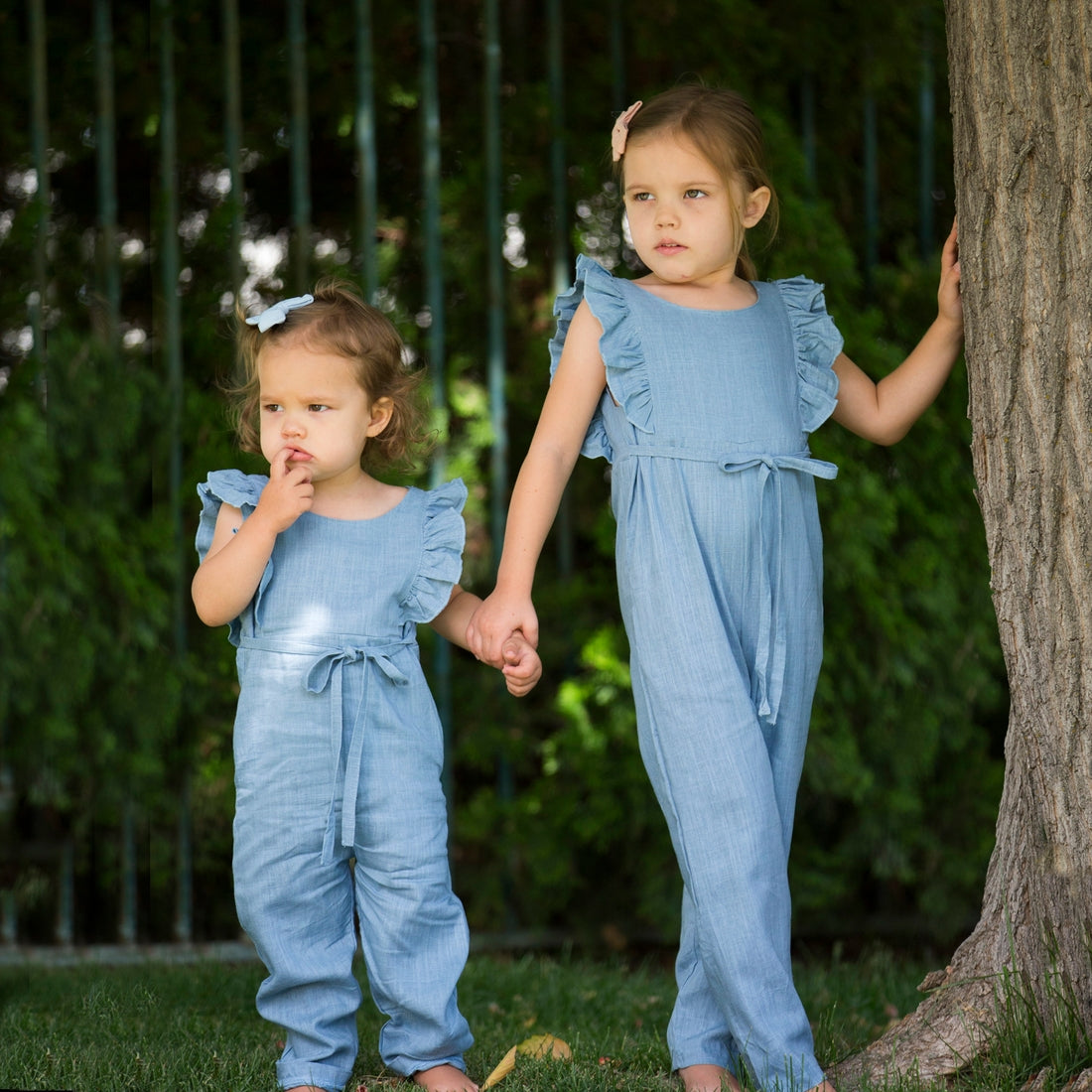 Navy Blue Linen Ruffle Romper with Pants (2T-6)