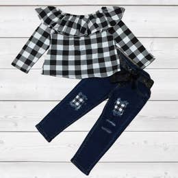 Ruffled Top w/Distresed Denim - B&W - Noelle Childrens Boutique