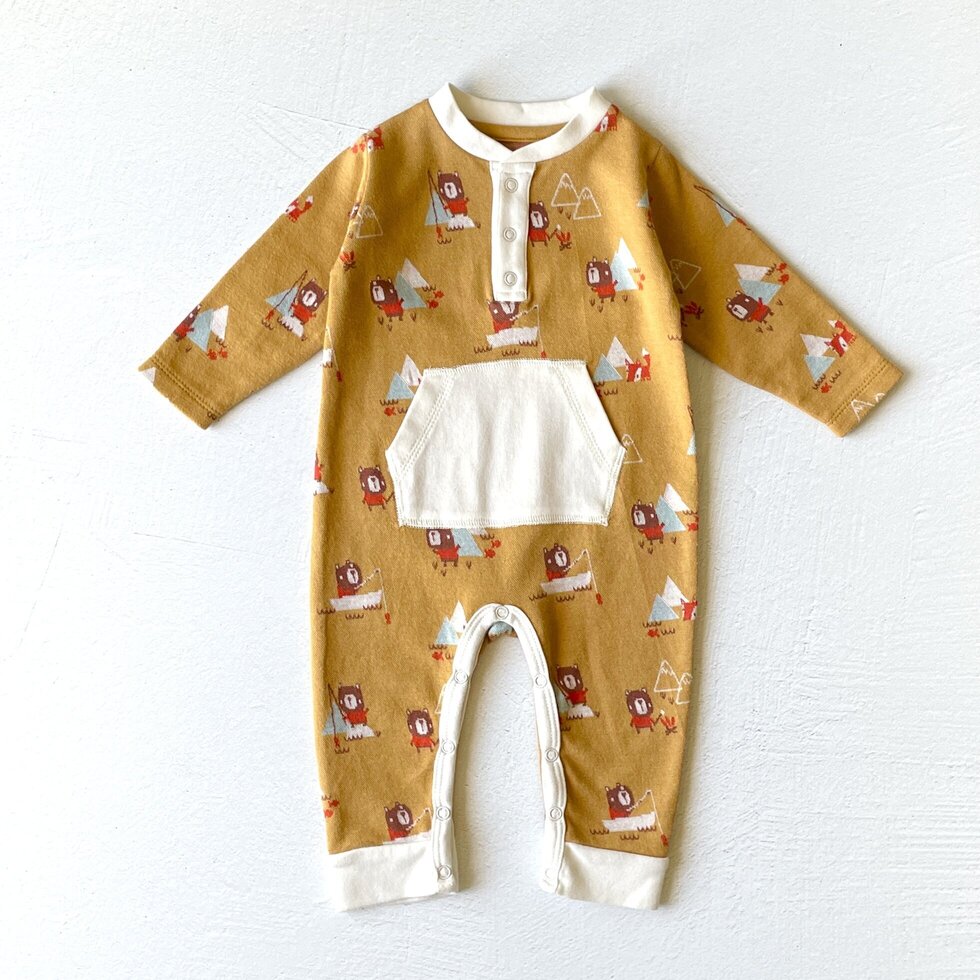 Camping Bear & Fox Kangaroo Jacquard Baby Jumpsuit (Organic)