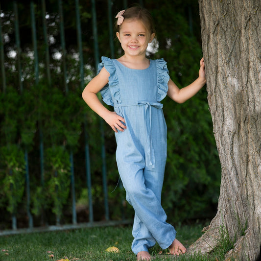 Navy Blue Linen Ruffle Romper with Pants (2T-6)