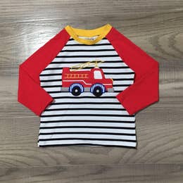 FIRETRUCK Stripe Shirt w/Red Raglan (12 Months - 6 years) - Noelle Childrens Boutique